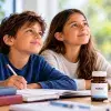 Niños y niña con un bote de suplementos de yodo. Imagen generada con IA