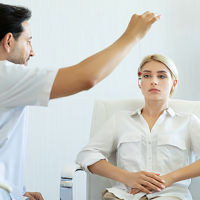 Terapeuta masculino usando terapia de hipnosis en mujer joven