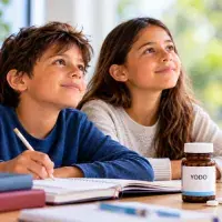 Niños y niña con un bote de suplementos de yodo. Imagen generada con IA